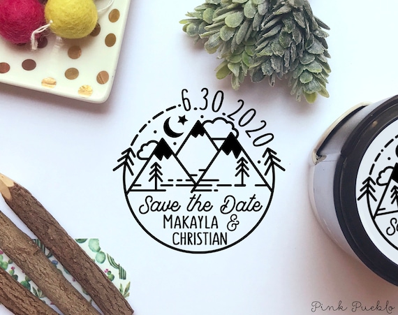 Self Inking Mountain Save the Date Stamp | Personalized Round Wedding Stamp | Rustic Destination Wedding Stamp