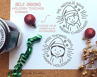 Self Inking Christmas Teacher Stamp, Teacher Christmas Gift, Merry Christmas Stamp - Choose Hairstyle and Accessories