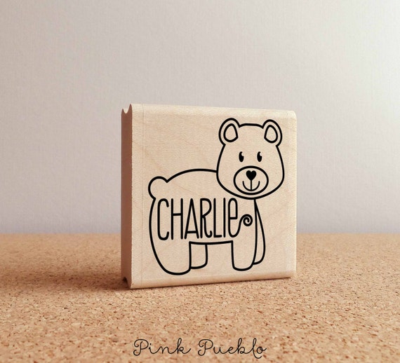 Personalized Bear Name Stamp | Custom Rubber Stamp for Kids | Woodland Gift with Name Labels
