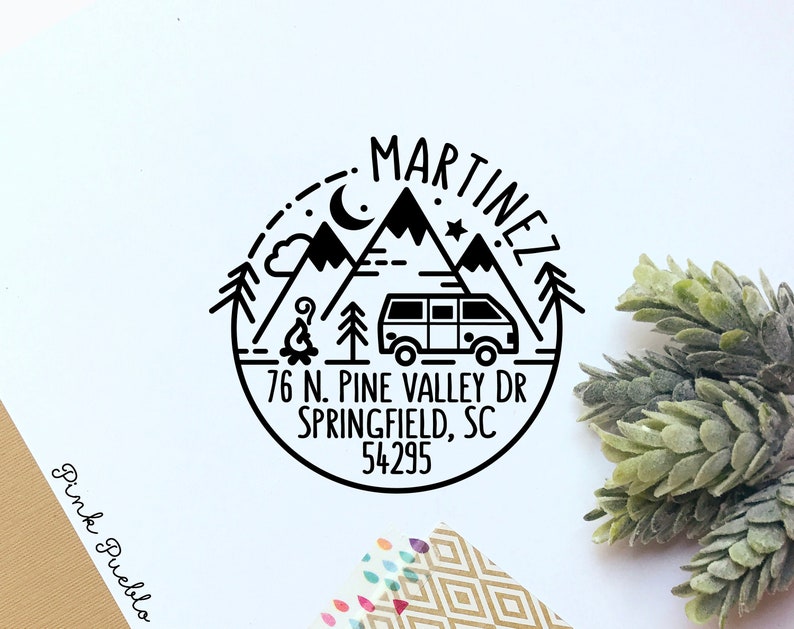 Outdoors Round Self Inking Return Address Stamp Self Inking Return Address Stamp with Camper Van and Mountains