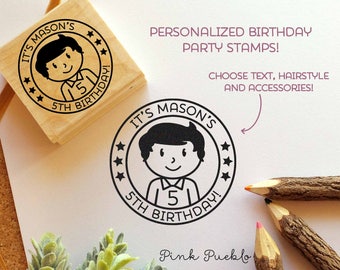 Personalized Birthday Stamp for Boys, Custom Rubber Stamps for Birthday Party - Choose Hairstyle and Accessories