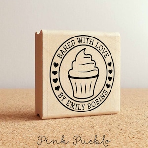 Personalized Baked with Love Rubber Stamp, Label Stamp with Cupcake