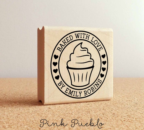 Personalized Baked with Love Rubber Stamp, Label Stamp with Cupcake