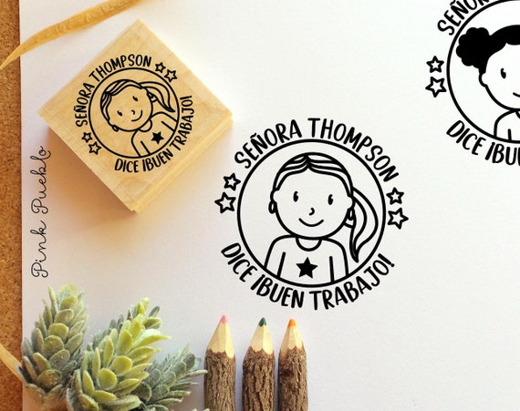 Personalized Spanish Teacher Rubber Stamp - Custom Teacher Gift with Hairstyle & Accessories