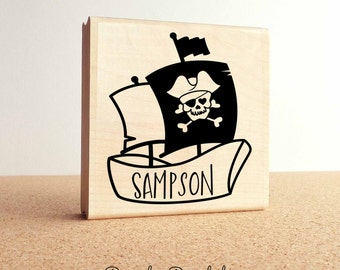 Large Personalized Pirate Custom Rubber Stamp, Custom Name Stamp with Pirate Ship