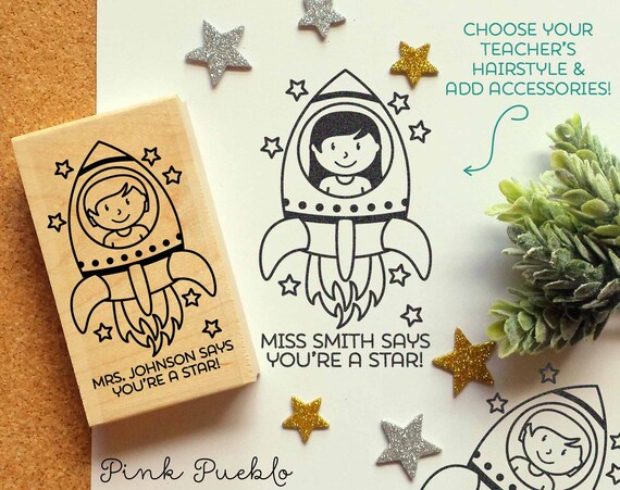 Personalized Teacher Stamp, Outer Space Themed Teacher Rubber Stamp - Choose Hairstyle and Accessories