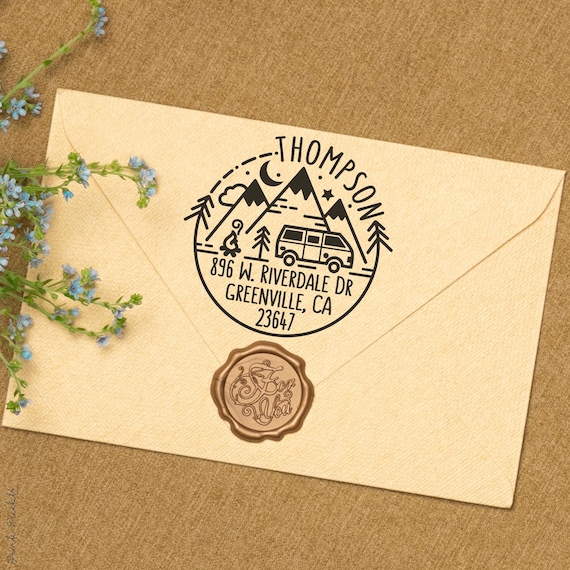 Self Inking Return Address Stamp with Camper Van and Mountains, Outdoors Round Self Inking Return Address Stamp