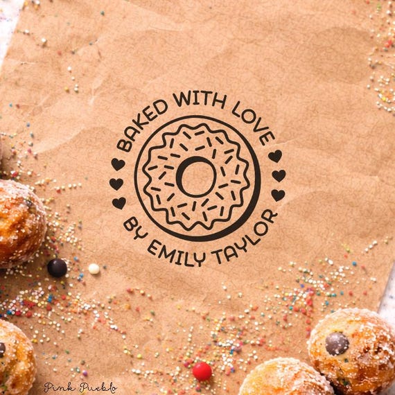 Personalized Donut Rubber Stamp | Baked With Love Design for Kitchen Labels and Homemade Gifts