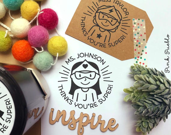 Self Inking Superhero Teacher Stamp, Personalized Superhero Teacher Stamps, Teacher Gifts - Choose Hairstyle and Accessories