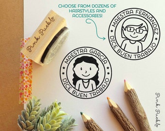 Spanish Teacher Rubber Stamp, Personalized Teacher Stamp, Spanish Teacher Gift - Choose Hairstyle and Accessories