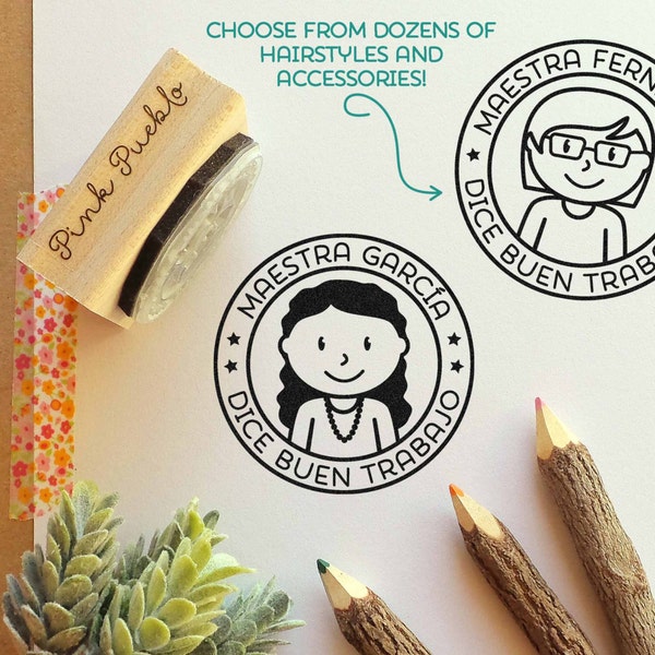 Spanish Teacher Rubber Stamp, Personalized Teacher Stamp, Spanish Teacher Gift - Choose Hairstyle and Accessories