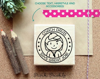 Personalized Female Coach Rubber Stamp, Coach or Teacher Stamp, Personalized Coach or Teacher Gift - Choose Hairstyle and Accessories