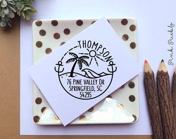 Self Inking Return Address Stamp with Beach, Round Self Inking Return Address Stamp with Ocean