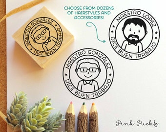 Spanish Teacher Rubber Stamp, Personalized Teacher Stamp, Male Spanish Teacher Gift - Choose Hairstyle and Accessories