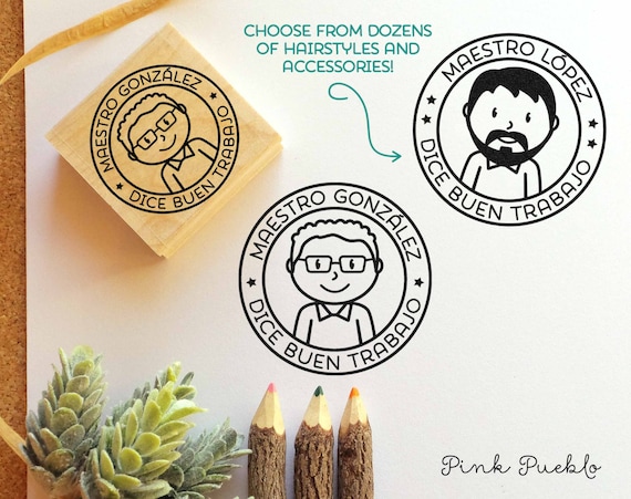 Spanish Teacher Rubber Stamp, Personalized Teacher Stamp, Male Spanish Teacher Gift - Choose Hairstyle and Accessories