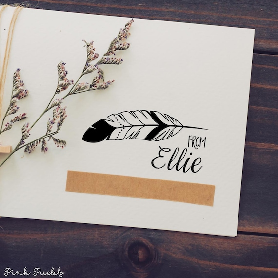 Feather Rubber Stamp | Personalized Custom Stamp for Gift Tags, Stationery, or Rustic Wedding Favors