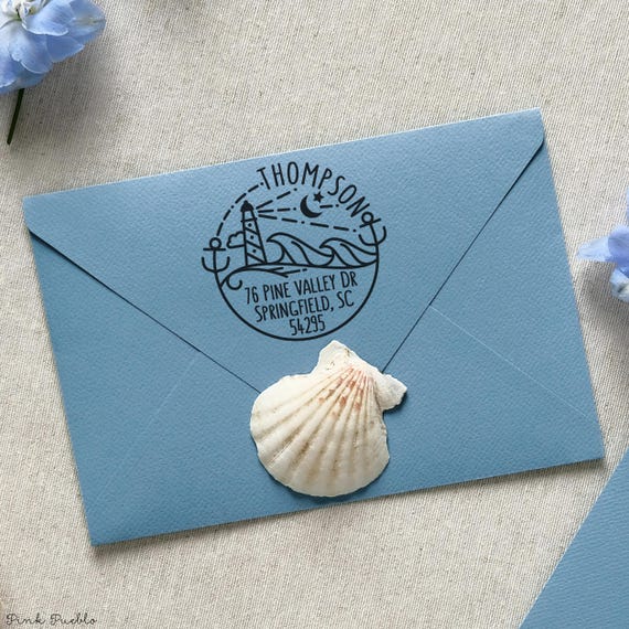 Beach Address Stamp | Personalized Return Address Stamp with Lighthouse and Ocean | Custom Nautical Address Stamper