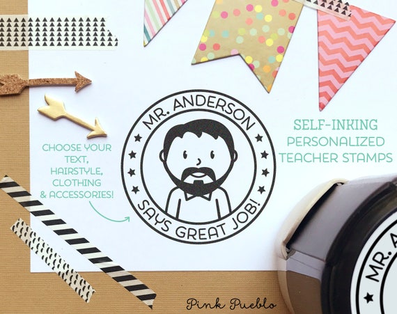 Self Inking Teacher Stamps, Personalized Teacher Gifts, Teacher Stamps Great Job - Choose Hairstyle and Accessories