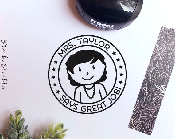 Mini Self-Inking Teacher Stamp, Personalized Teacher Stamp Gift - Choose Hairstyle and Accessories