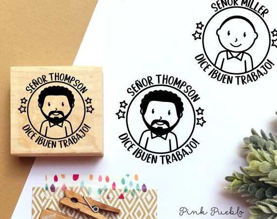 Spanish Teacher Rubber Stamp | Custom Gift for Him | Personalized Male Teacher Gift with Name, Hairstyle & Accessories