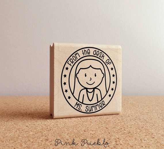 Personalized Teacher Rubber Stamp, Custom Teacher Stamp - Choose Hairstyle and Accessories