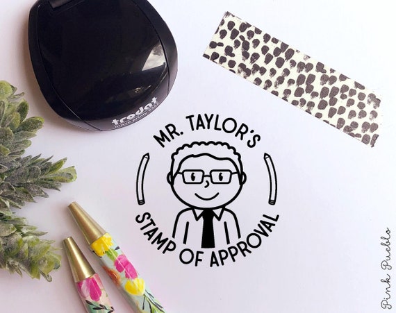 Mini Self Inking Teacher Stamp for Men | Personalized Rubber Stamp Gift | Custom Male Teacher Stamp with Hairstyle Option