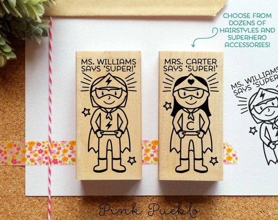 Superhero Teacher Rubber Stamp, Custom Teacher Stamp, Personalized Teacher Gift - Choose Hairstyle and Accessories
