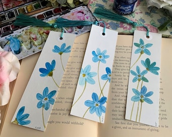Hand Painted Watercolor Floral Bookmarks, Turquoise Blue, Set of 3