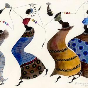 Ballerini africani BIKUTSI 22 in un set di 5 biglietti di auguri africani vuoti da 5"x7" (12,5 cmx18 cm) della serie "BIKUTSI", set di biglietti di danza tribale