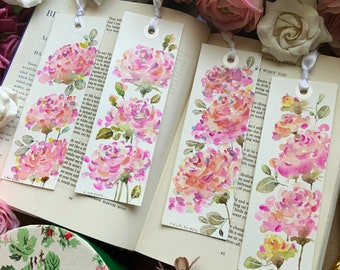 Set of 4 Hand Painted Watercolor Rose Bookmarks, Original Floral Art Gift