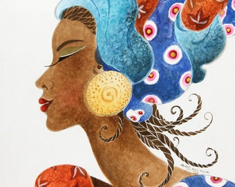 African Art BLUE WOMAN PORTRAIT 8"x10" ( 20.32 cm X 25.4 cm) Giclee Print, Black Woman Art, Ethnic Art, African Decor, Woman Gift