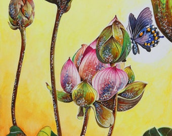 Lotus Flower Watercolor Painting, Giclee Art Print, Botanical Wall Decor (8"x10")