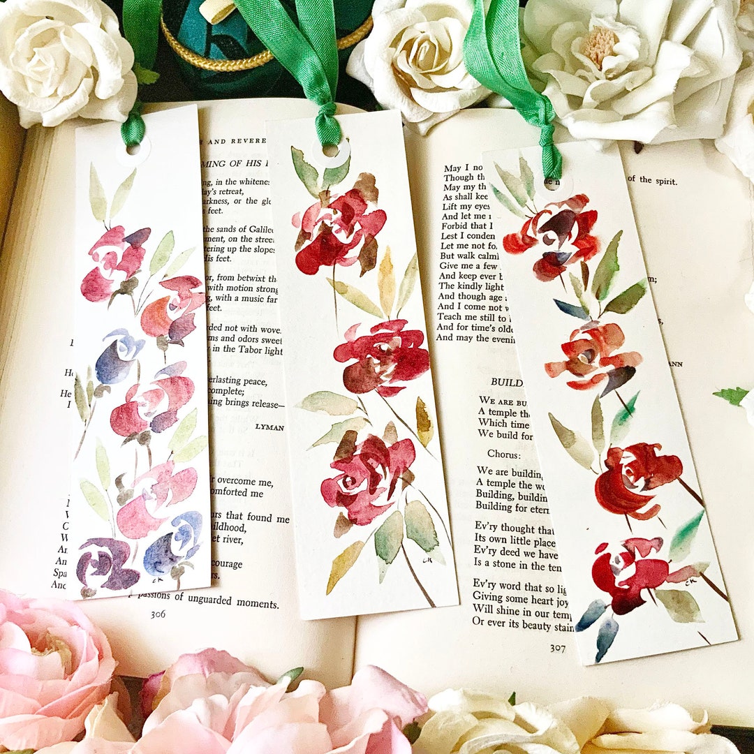 Red Roses Bookmarks 3 Hand Painted Whimsical Red Roses Watercolour Bookmarks With Blue Hues ...