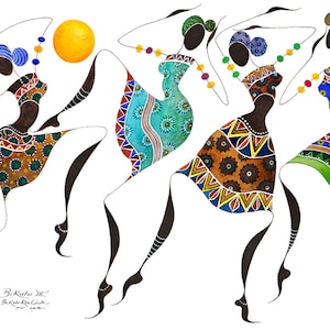 BIKUTSI 3 danseuses africaines dans un lot de 5 cartes de voeux africaines vierges de 5 x 7 po (12,5 cm x 18 cm) de la série « BIKUTSI », femme noire art