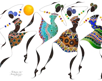 BIKUTSI 3  African Dancers in a Set of 5  5" X 7" (12,5cm X 18 cm) Blank African Greeting Cards from the "BIKUTSI"  Series, black woman art