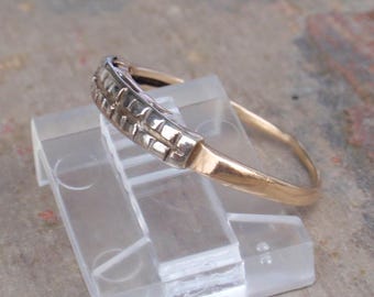 Art Deco Yellow White Gold Wedding Band, Vintage Two Tone Stack Ring 14k Crosshatch