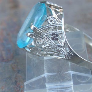 Antique Blue Topaz Paste Stone Filigree 14k Ring, Victorian December Birthstone White Gold JR Wood