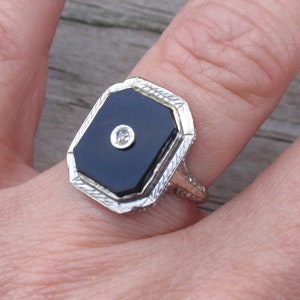 Art Deco Onyx Diamond White Gold Ring, 1920s Vintage Black 1927 Signet Statement, 14k Victorian Filigree Mourning