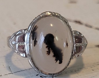 Art Deco Moss Agate Sterling Signet Ring, Clark & Coombs Vintage Oval Stone Silver