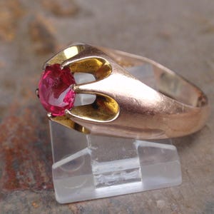 Victorian Ruby Red Stone Belcher Ring, Antique Gypsy Claw Set July Paste Birthstone