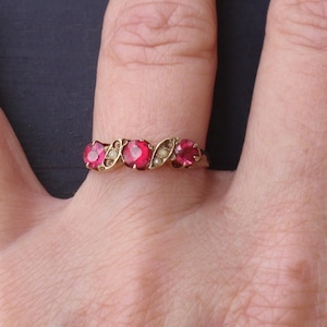Antique Pink Tourmaline Pearl Gold 1900s Ring, Victorian Band Dated 1919, October July Birthstone 10k, Past Present Future Anniversary