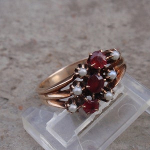 Antique Pearl Garnet Gold Ring, Victorian Red January June Birthstones, 10k Rosy Yellow Edwardian, JR Wood & Son Vintage