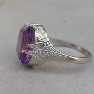 Antique Purple Stone Signet Ring, February Birthstone Engagement, Amethyst Paste, Belais 10k White Gold, 1920s Art Deco Women, Vintage Gift