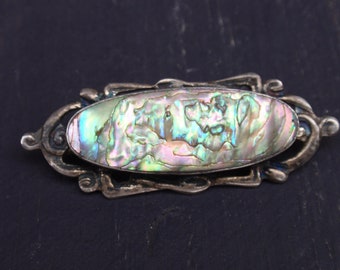 Vintage Abalone Sterling Art Nouveau Brooch, Silver Iridescent Rainbow Shell Filigree Pin