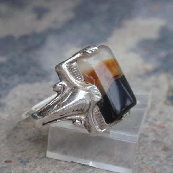 Art Deco Agate Sterling Silver Ring montana ladies mens picture landscape rectangle size 8 3/4   10% OFF coupon in item detail