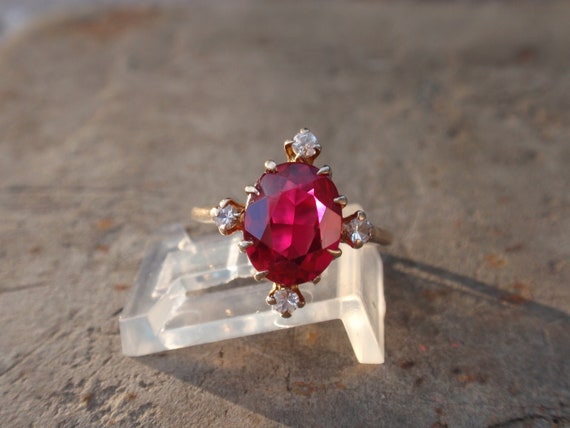 Vintage Ruby 10k Ring, July Engagement Oval Red S… - image 3
