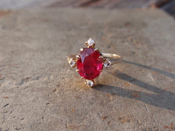 Vintage Ruby 10k Ring, July Engagement Oval Red S… - image 4