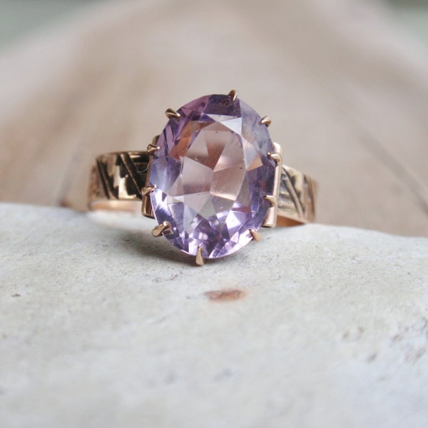 Victorian Amethyst Engagement 10k Antique Ring yellow gold engraved cigar band February purple lavender 10% OFF coupon code in item detail