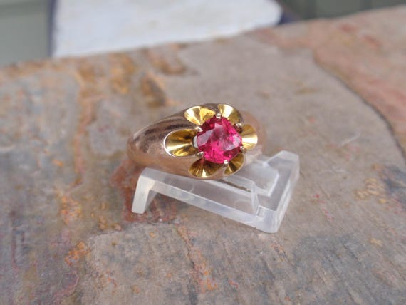 Victorian Ruby Red Stone Belcher Ring, Antique Gy… - image 2