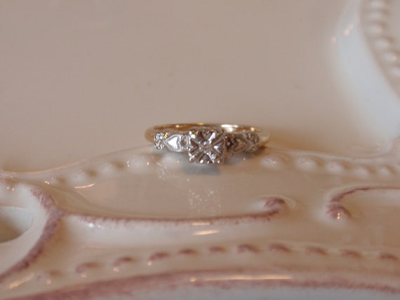 Art Deco Hearts Diamond Engagement Ring, 14k Two … - image 1